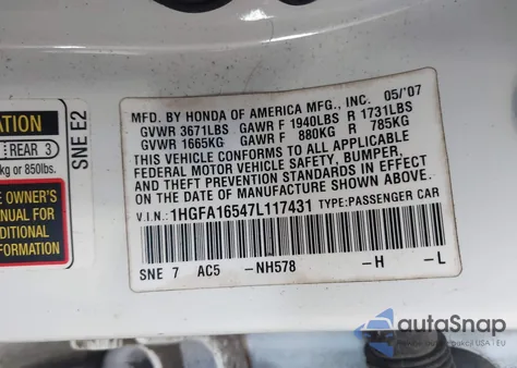 2007 Honda Civic Lx z USA, uszkodzony, nr VIN 1HGFA16547L117431